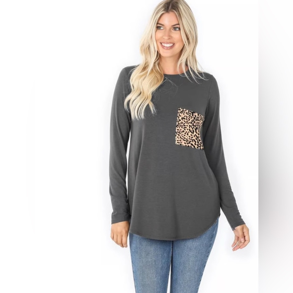 Zenana Gray Leopard Pocket Long Sleeve Top